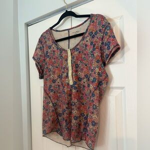 Natural Life Floral Henley Top Women’s XL Short Sleeve Multicolor Boho